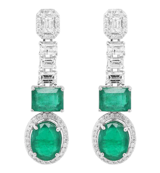 9.42tcw Emeralds & Diamonds in 18K White Gold Drop Earrings