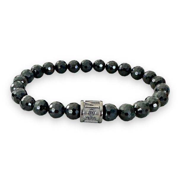 117tcw. Faceted 8mm Black Spinel Beads in NOV9M®️ 925 Silver Stretch Bracelet