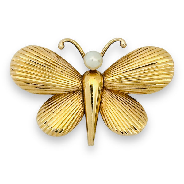 1950's Vintage Retro 14K Gold with Akoya Pearl Tiffany & Co. Butterfly Brooch