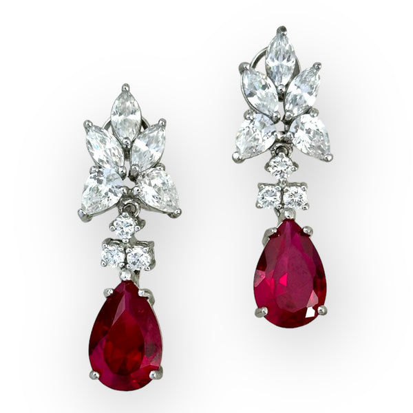 10tcw Genuine Lab Created Synthetic Ruby with CZ Stones Vintage Chadella Cluster Drop Earrings Earrings