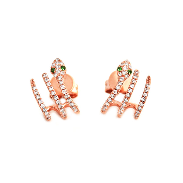 0.23ct Diamonds & Tsavorite Eyes in 14k Rose Gold Trendy Snake Huggie Stud Earrings