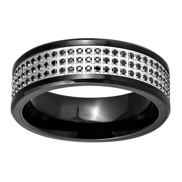 Black Tungsten with 3-Rows Black CZ Stones Eternity Wedding Band