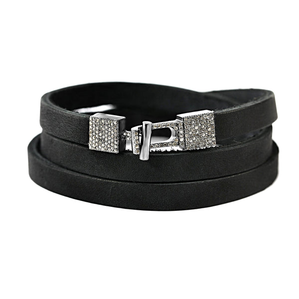 0.83ct Fancy Diamonds in 925 Sterling Silver Buckle Triple Wrap Black Leather Bracelet