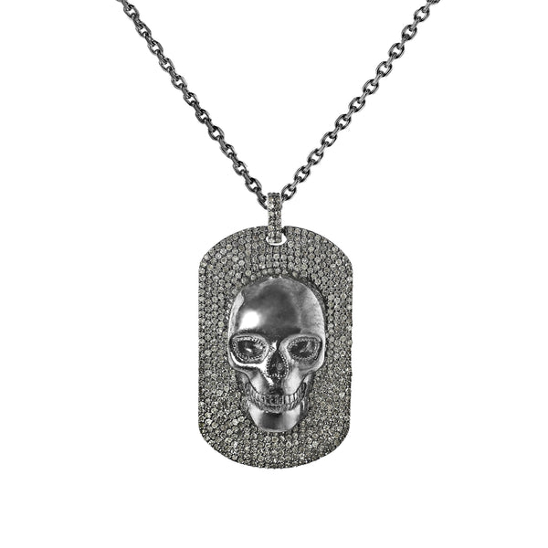 2.17ct Pavé Diamonds in 925 Black Rhodium Sterling Silver Skull Dog Tag Necklace