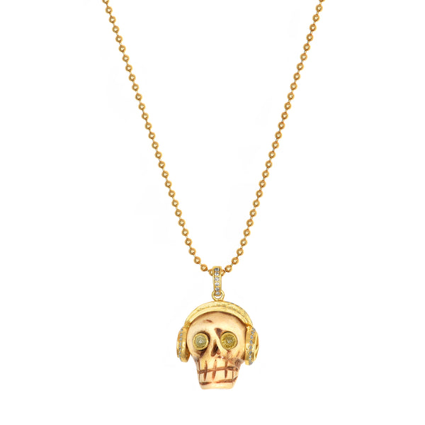1.36ct Champagne Diamonds in Bone Skull with Headphone Pendant 14K Gold Plated Silver Necklace 30"