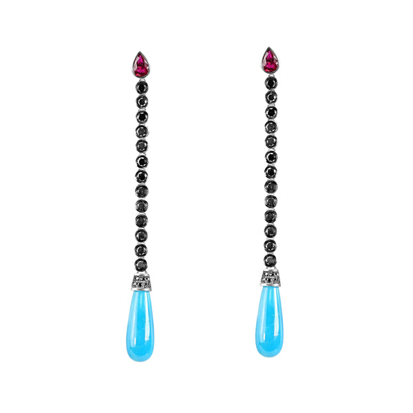 16.33tcw Turquoise, Ruby & Diamonds in 925 Silver Dangle Drop Earrings
