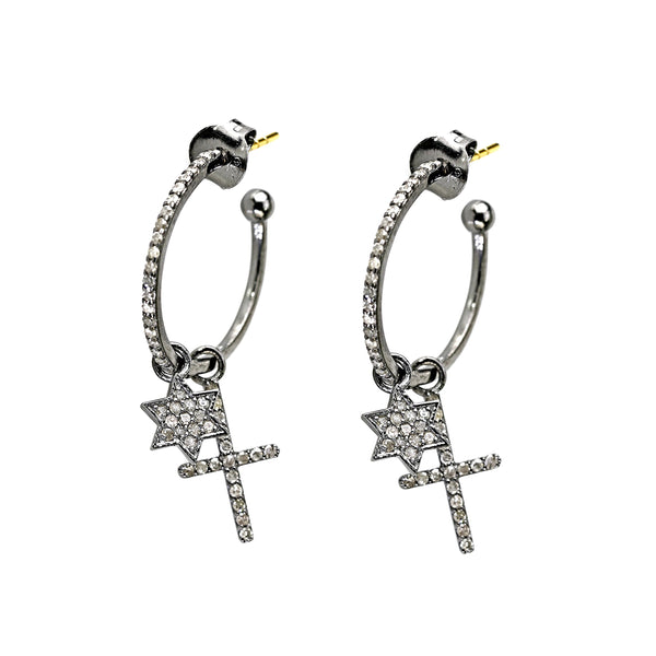 0.86ct Diamonds in 925 Silver & 14K Gold Star of David Cross Dangle Charm Hoop Earrings
