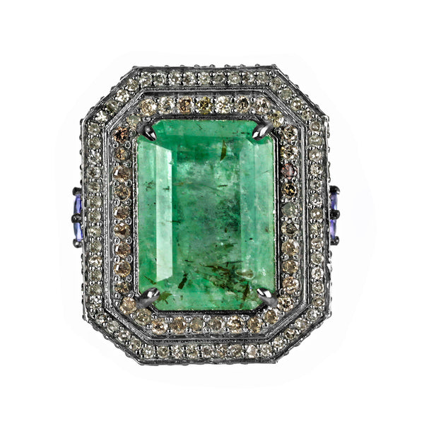 10.33tcw Zambian Emerald with Diamond & Tanzanite in 925 Sterling Silver Cocktail Ring
