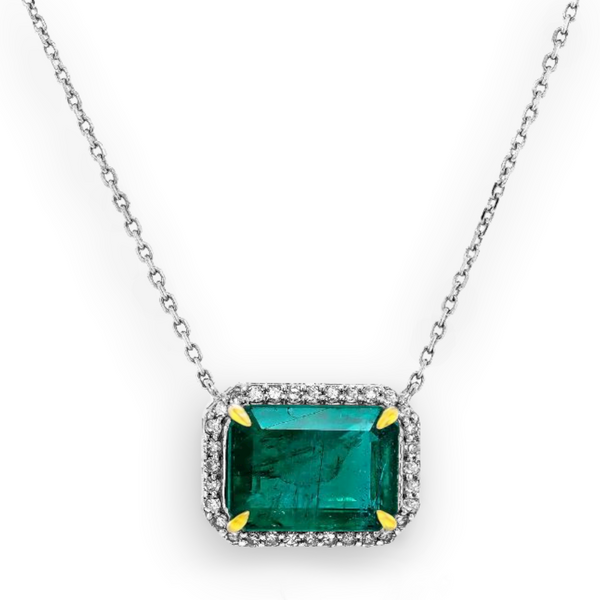 3.74tcw Emerald witn Diamonds in 18K Two-Tone Gold Halo Solitaire Necklace 18"