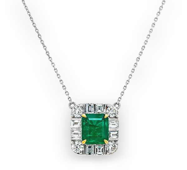 3.31tcw Emerald witn Diamonds in 18K White Gold Necklace 18"
