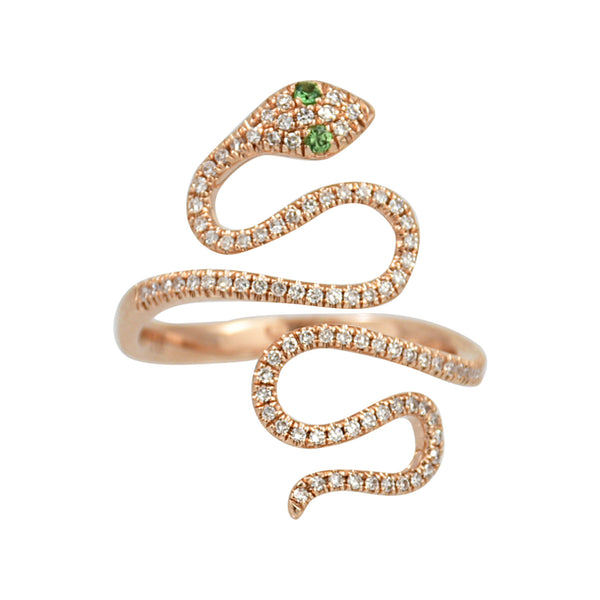 0.28tcw Diamonds & Travorites in 14K Gold Snake Ring