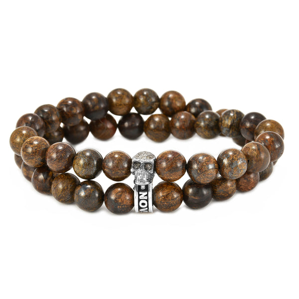 0.32ct Diamonds in Skull Charm Bronzite Beads Wrap Bracelet