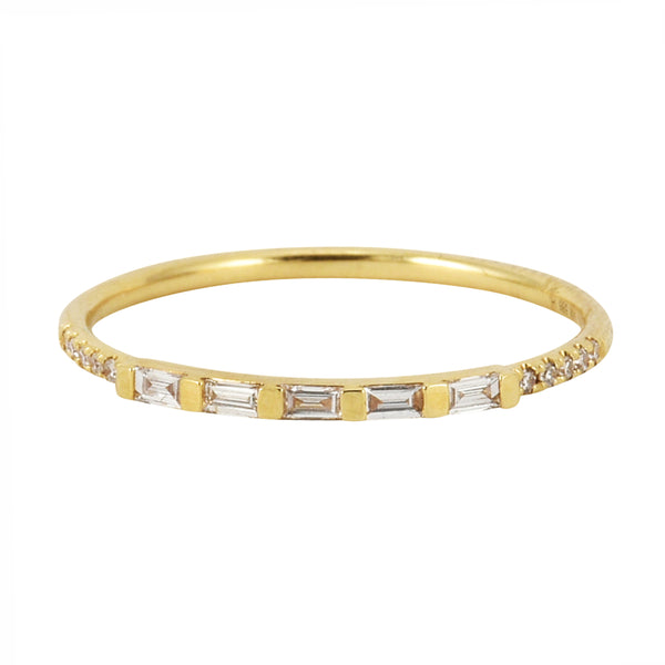 0.13ct Round & Baguette Diamonds in 14K Yellow Gold Skinny Stackable Ring