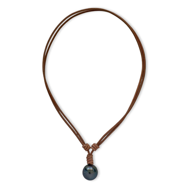 16mm Genuine Goutte Baroque Tahitian Pearl in Light Brown Greek Leather Necklace