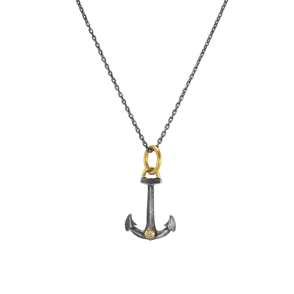 0.01ct Diamond in 925 Silver & 24K Gold Anchor Pendant Necklace