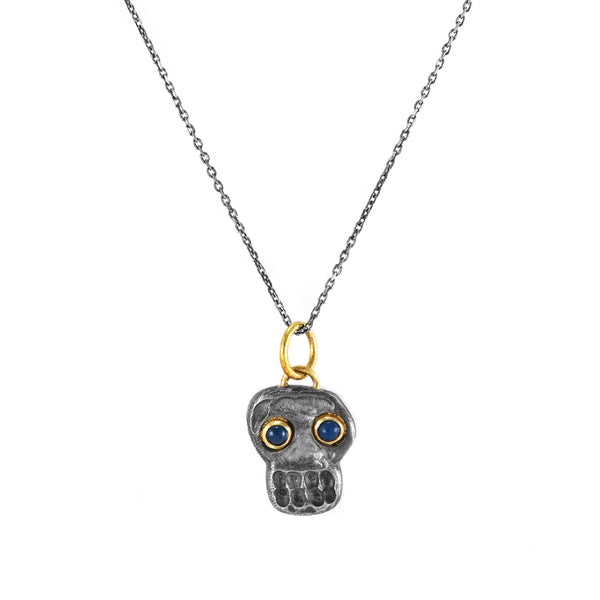 0.08ct Cabochon Sapphires in 925 Silver & 24K Gold Skull Pendant Necklace