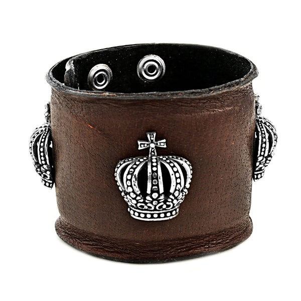 925 Sterling Silver Crown Cross in Genuine Brown Leather Men's Biker Bracelet 9"