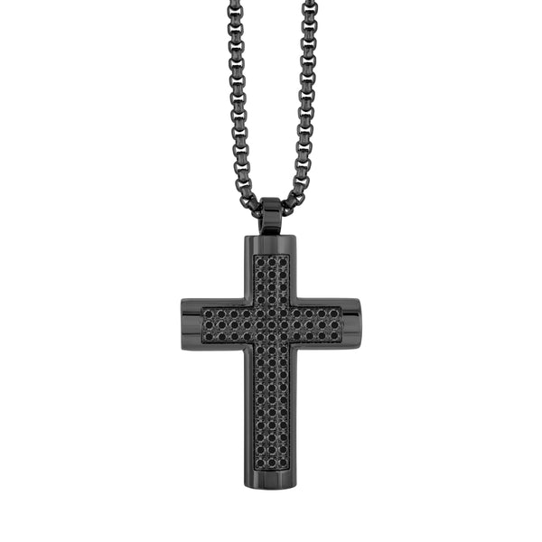 316L Gunmetal IP Stainless Steel with Black CZ Napier Cross Pendant Necklace 22"