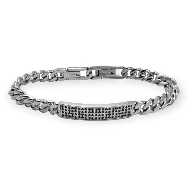 316L Stainless Steel 8mm Curb ID with Black CZ Bracelet 8.5"