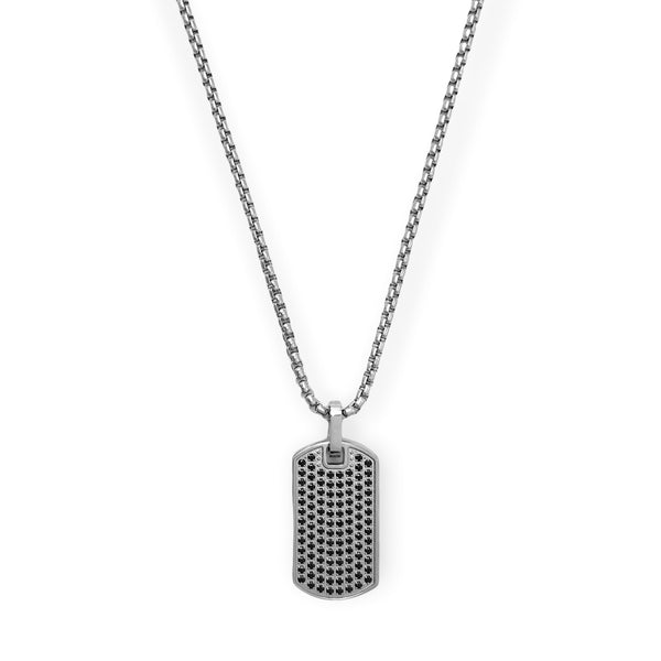 316L Stainless Steel Dog Tag with Black CZ Box Chain Necklace 22"
