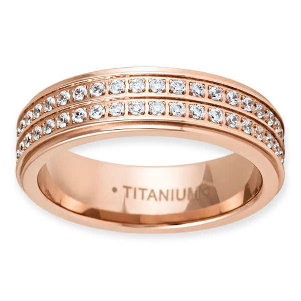 Titanium Rose Gold Ion Plated Double Full Eternity CZ Stones Wedding Band