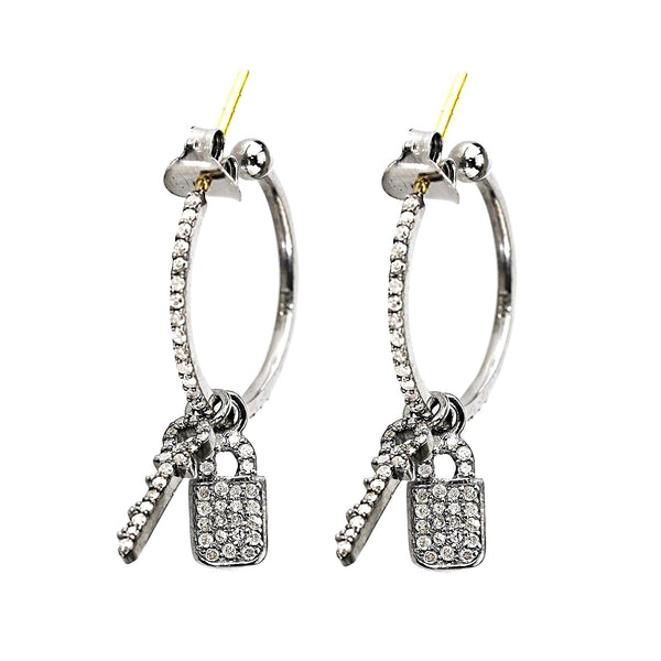 0.82ct Diamonds in 925 Silver & 14K Gold Key Padlock Dangle Charm Hoop Earrings