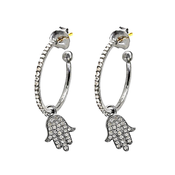 0.65ct Diamonds in 925 Silver & 14K Gold Hamsa Hand Dangle Charm Hoop Earrings