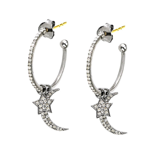 0.71ct Diamonds in 925 Silver & 14K Gold Moon-Star Dangle Charm Hoop Earrings