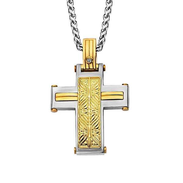 0.05ct Diamond 316L Stainless Steel Aurem Cross Men's Necklace 24"