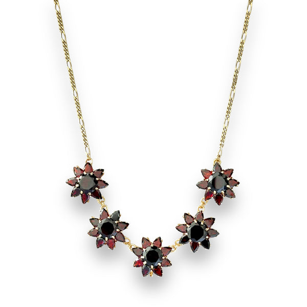 Vintage Floral Garnet 14K Gold Figaro Necklace 16”