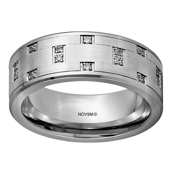 Tungsten Pipe-Cut Brick CZ Accent Band Ring