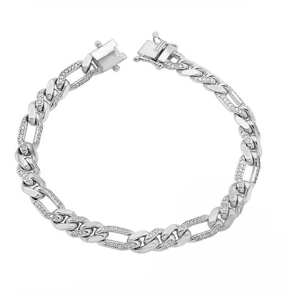 1.60ct Round Diamonds in 14K White Gold Figaro Link Chain Men's Bracelet