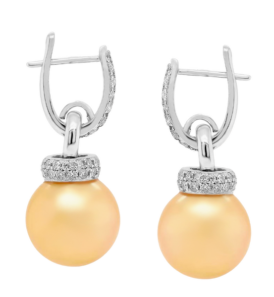 8mm South-Sea Pearl with 1.61ct Round Diamonds in 18K White Gold Dangle Drop Earrings