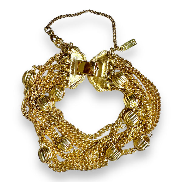 1960s Vintage MONET Textured Gold Beads Multi Chain Layered Bracelet 7”