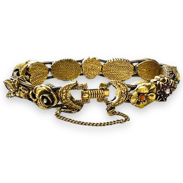 Vintage Mid Century Goldette Slide Unique Charms  Link Bracelet