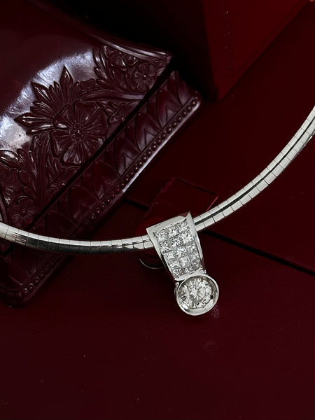 Vintage 1.9tcw Round & Princess Diamonds 14K White Gold Omega Chain Pendant Necklace 16"