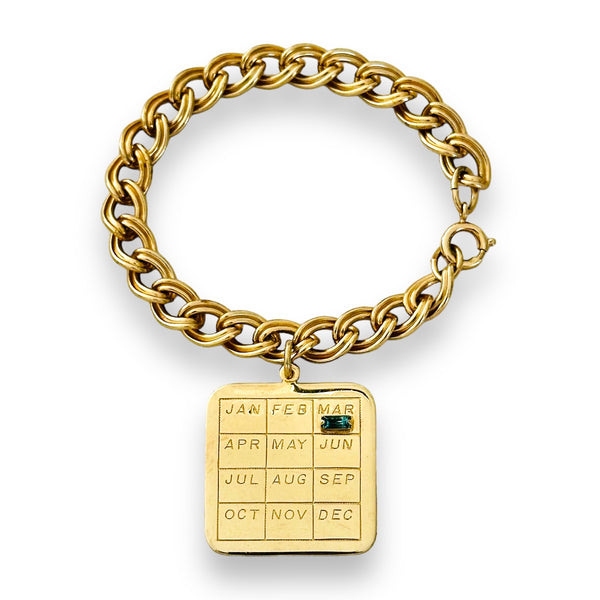 1960s Vintage Sarah Coventry Gold Aquamarine March Birthstone Calendar Charms Link Bracelet