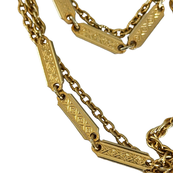Vintage Art Deco Gold Tone X Patern Meta Etched Panel Link Double Necklace 50”