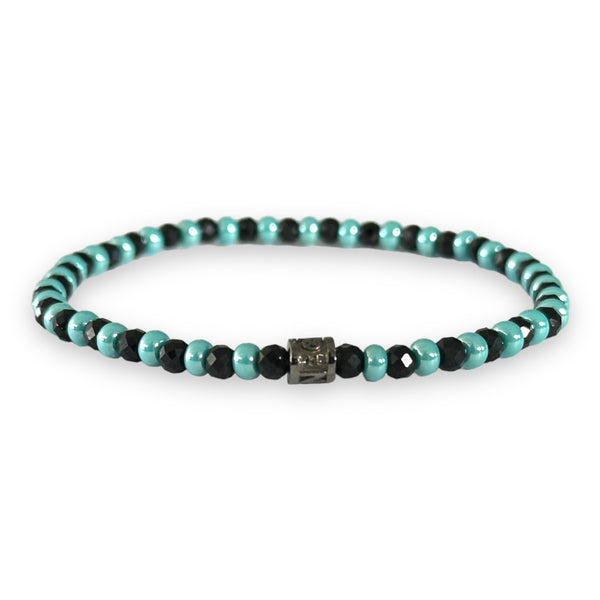 Faceted Black Spinel with Turquoise Czech Beads Stretch Bracelet