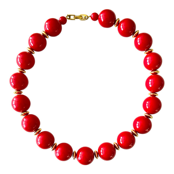 1980's Vintage NAPIER Red Acrylic Chunky Bead & Gold Tone Necklace 20”
