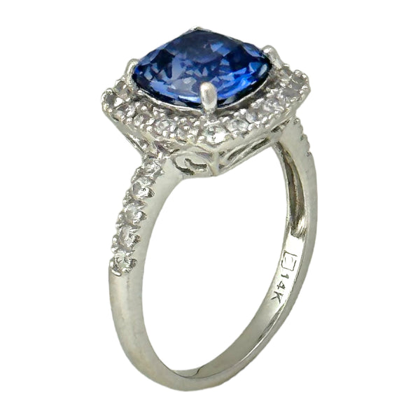 3.00tcw Blue Sapphire with White Topaz in 14K White Gold Halo Solitaire Ring