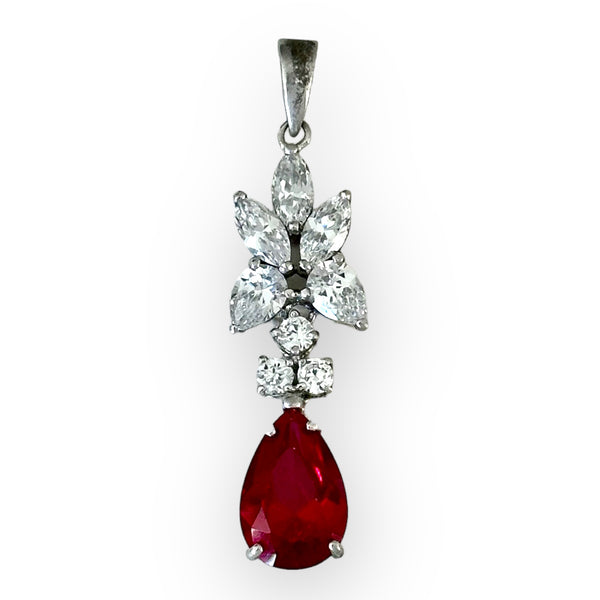 5.00ct Genuine Lab Created Synthetic Ruby with CZ Stones Vintage Chadella Cluster Drop Pendant