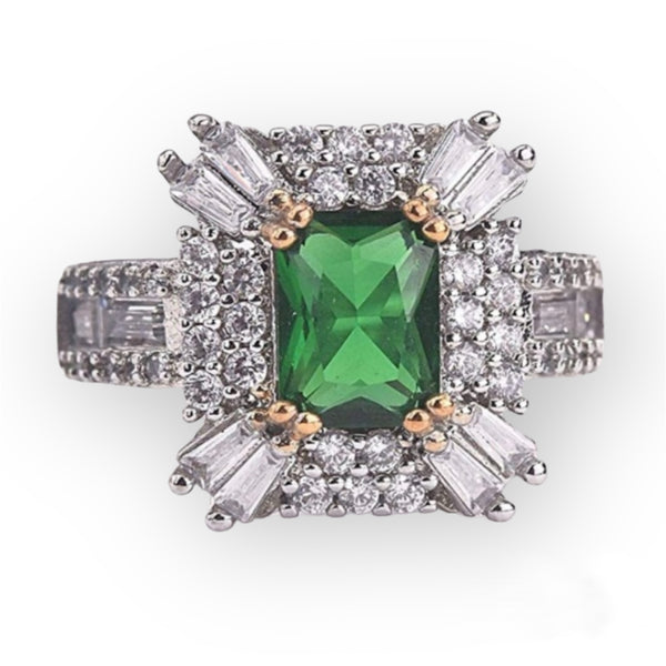 Vintage Green Simulated Emerald in 925 Sterling Silver Cubic Zirconia Promise Ring