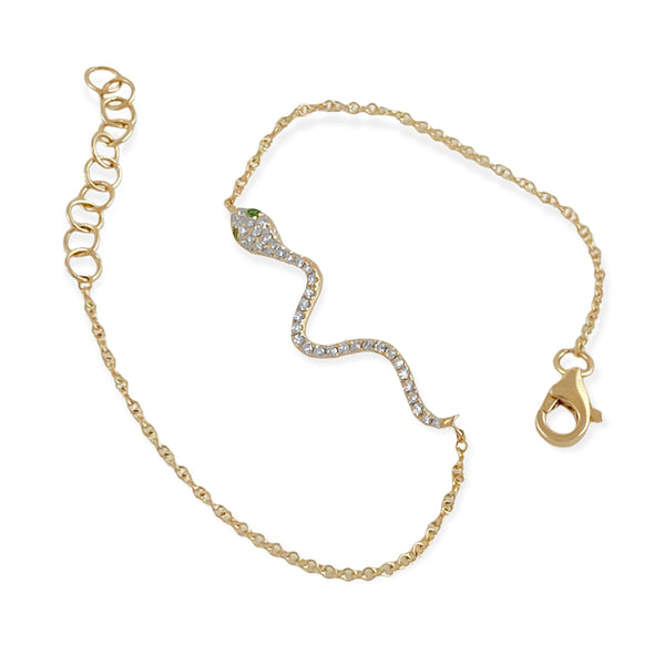 Round Diamonds & Tsavorite in 14K Yellow Gold Trendy Snake Charm Bracelet 7"