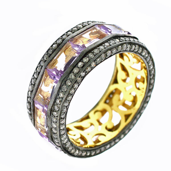 5.25ct Rectangular Amethyst with Pavé Diamonds Eternity Band Ring