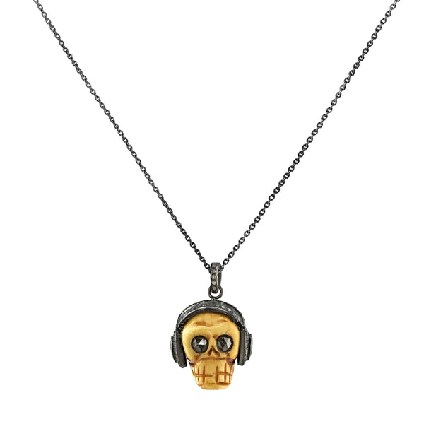 1.90tcw Diamonds in 925 Sterling Silver Bone Skull with Headphones Pendant Necklace