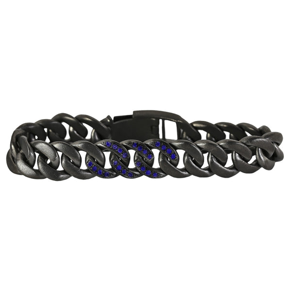 0.25ct Pave Round Blue Sapphire in 925 Black Rhodium Sterling Silver Cuban Curb Link Bracelet 7"