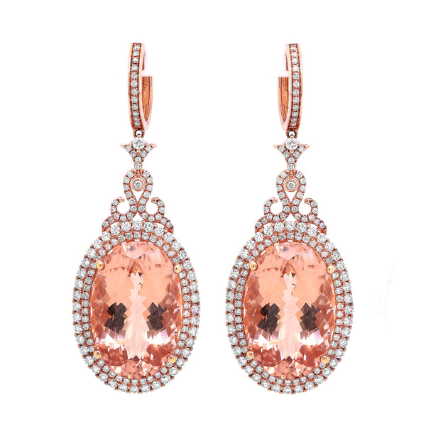 53.85tcw Oval Morganite with Diamonds in 18K Rose Gold Dangle Drop Halo Earrings