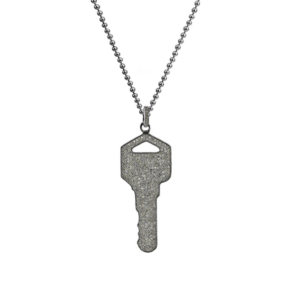 2.26ct Pavé Diamonds in 925 Sterling Silver Key Pendant Necklace 24"