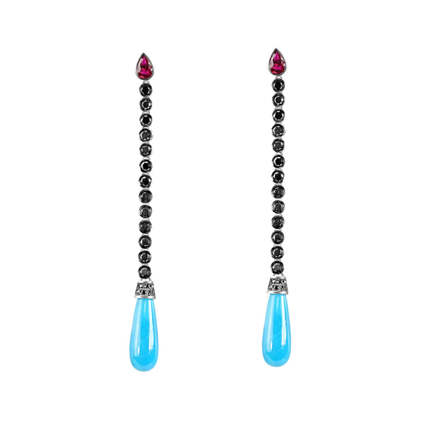 16.33tcw Turquoise, Ruby & Diamonds in 925 Silver Dangle Drop Earrings